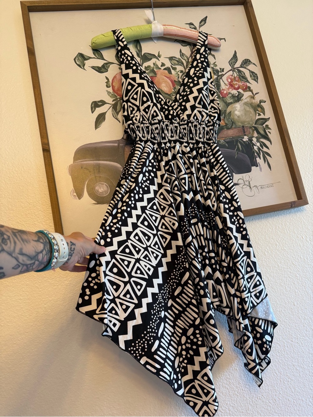 Black & White Geometric Handkerchief-Hem Dress